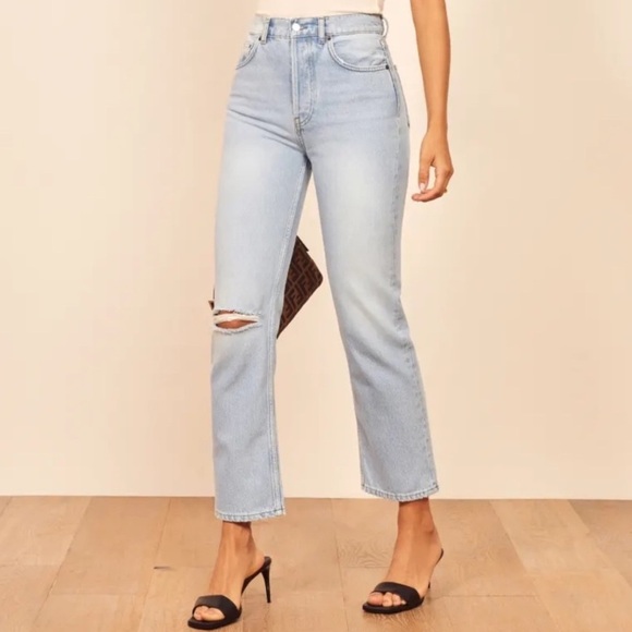 Reformation Cynthia High Rise Straight Leg Jeans in Tahoe Destroyed Size 28 - Picture 1 of 11